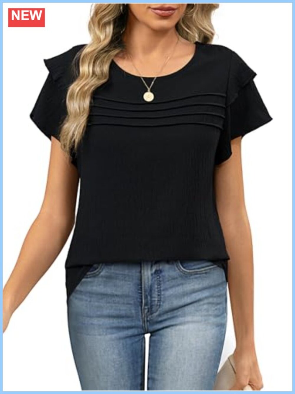 Womens Ruffle Short Sleeve Pleated Front Blouse Crew Neck Dressy Casual Top